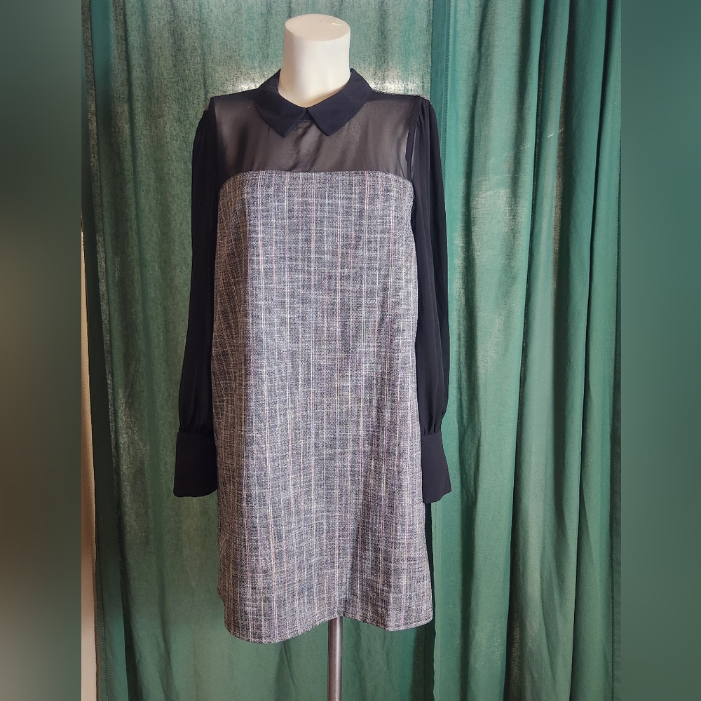 BCBGeneration Black Sheer Longsleeve Colorful Houndstooth Collared Classy Dress